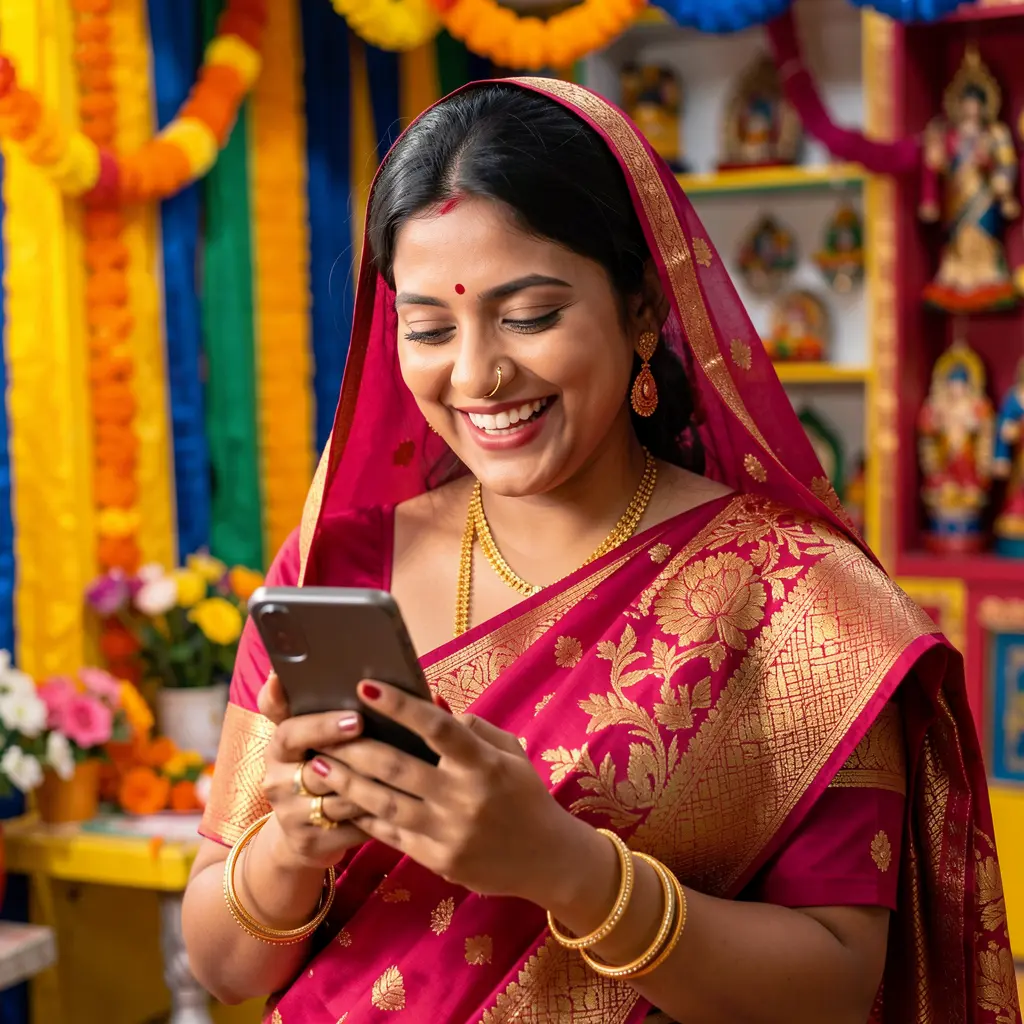Confident Bangladeshi woman in a stylish sari holding her phone with the EP444 casino app open, ready to play anytime in Bangladesh