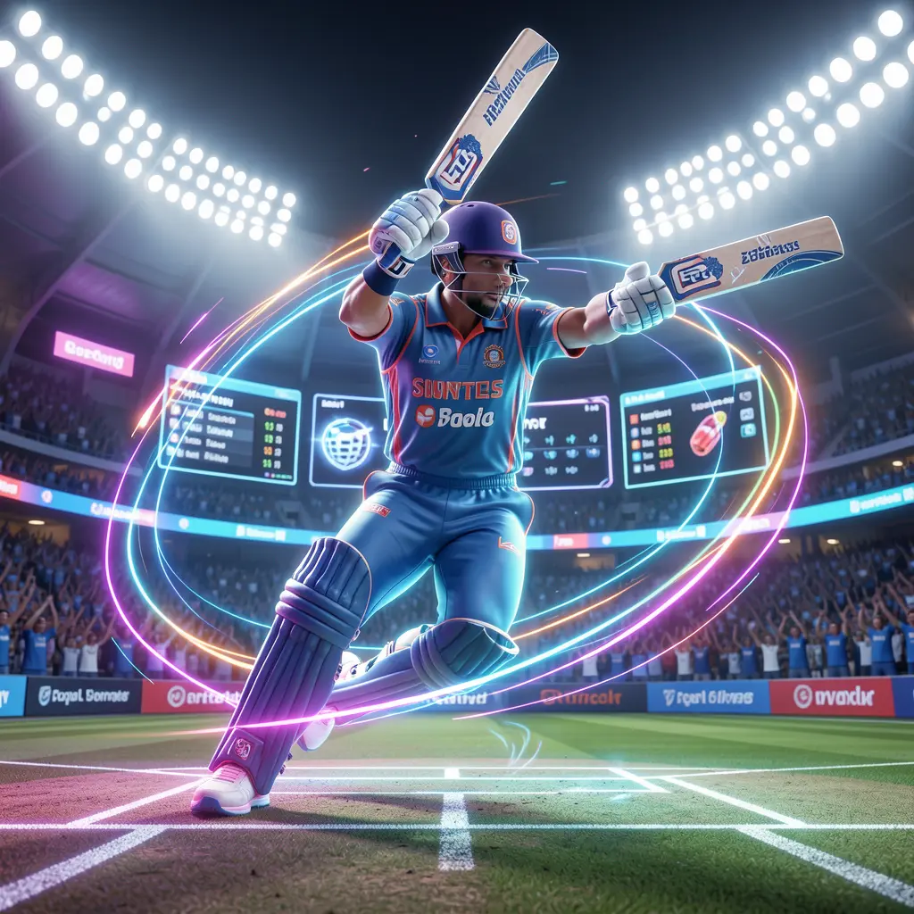 Dynamic neon cricket player striking the ball in a futuristic stadium symbolizing fast paced sports betting on EP444 in Bangladesh