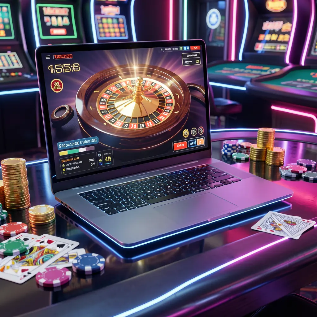 Futuristic roulette game displayed on a sleek laptop surrounded by casino chips and coins highlighting the premium EP444 online casino experience for players in Bangladesh