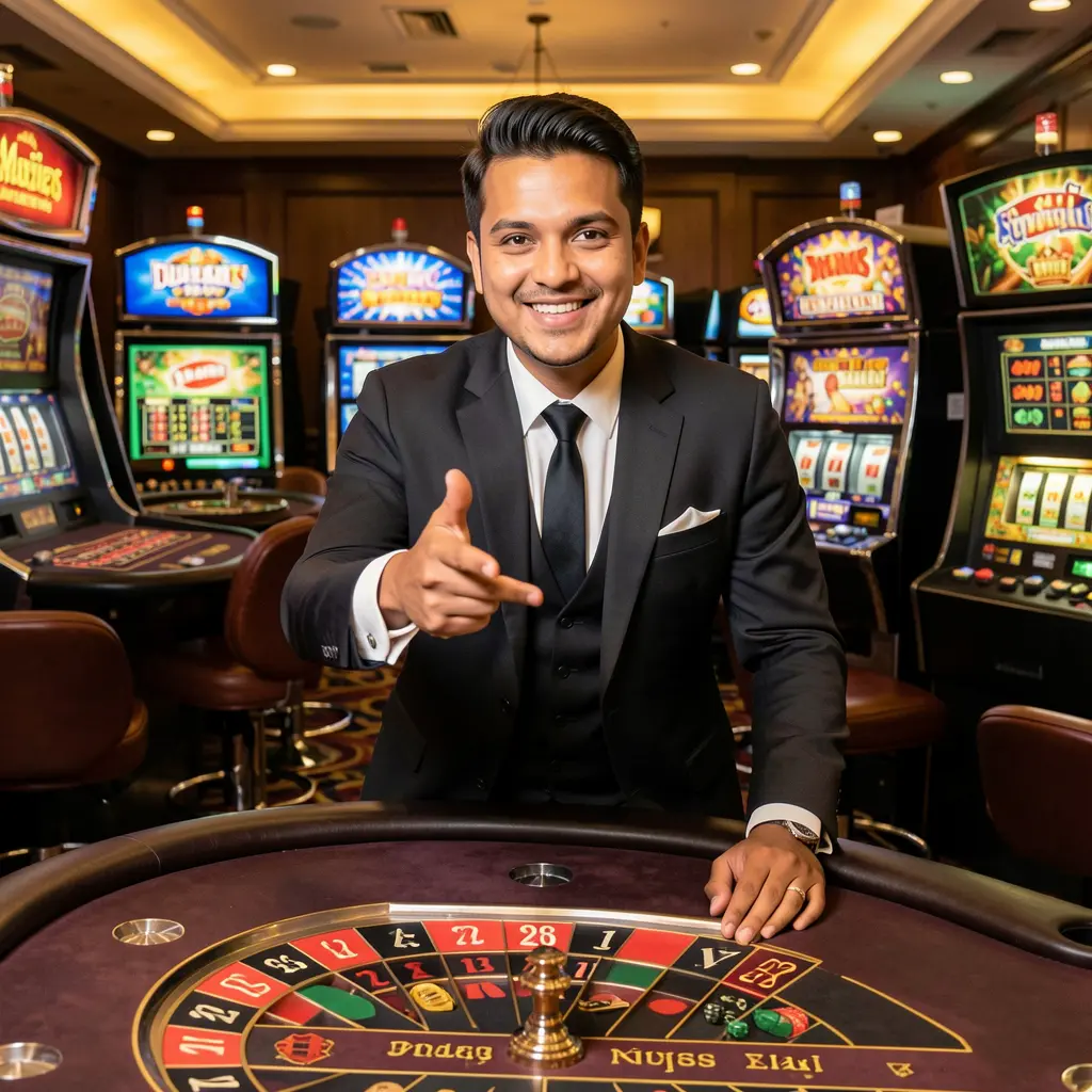 Smiling Bangladeshi live casino dealer pointing forward with roulette and slot machines behind him representing the EP444 login experience
