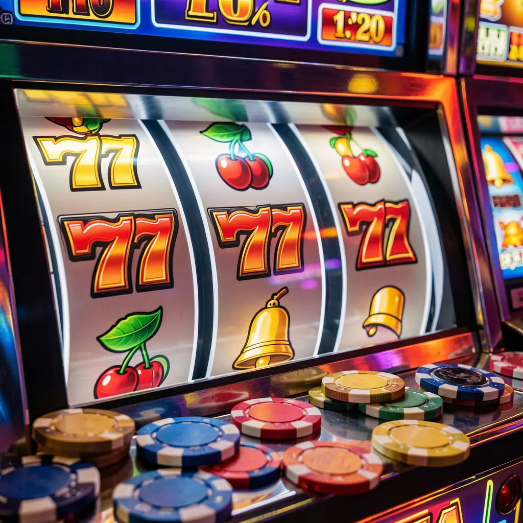 Classic casino slot machine with triple sevens BAR symbols and colorful lights representing the authentic slot gaming style of EP444 for players in Bangladesh